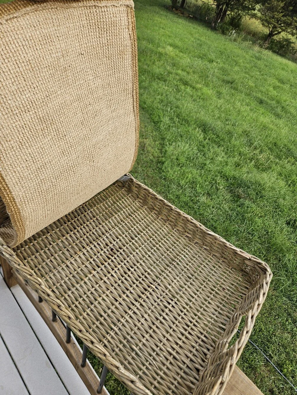 Boho Woven Rattan Serving Tray with a yellow quatrefoil pattern liner and cutout